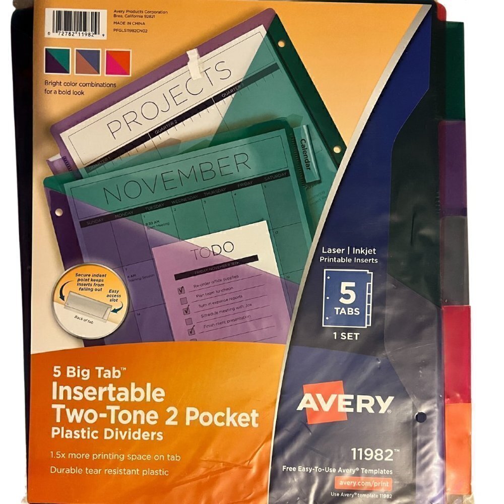 NEW 3 Avery 11982 5 Big Tab Insertable Two-Toned 2 Pocket Dividers